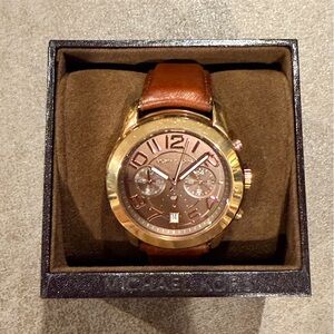Michael Kors Rose Gold-Tone Multi-Function Watch with Brown Leather